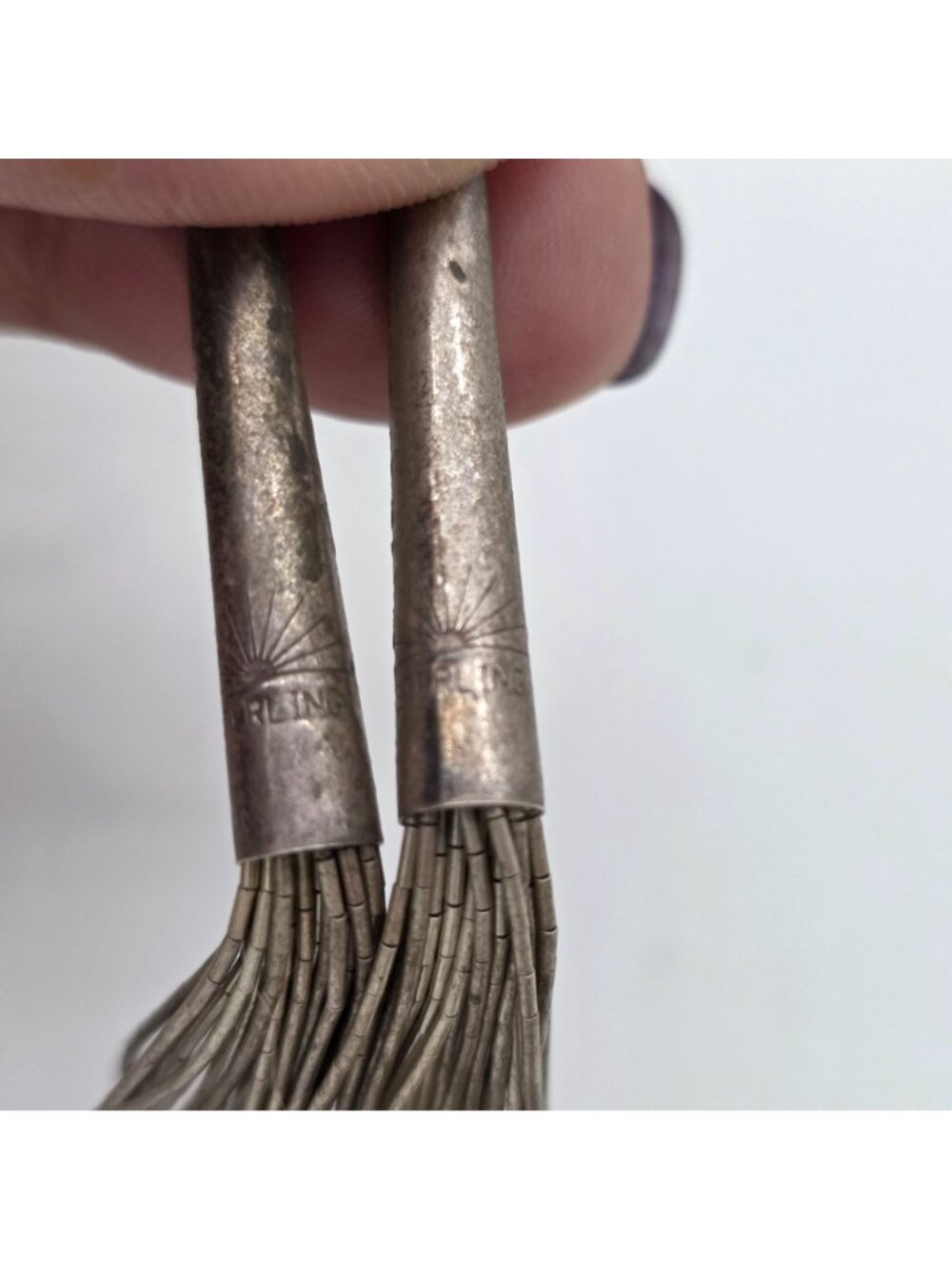 30” Old Carlisle Native American Liquid Sterling Silver 30 Strand Necklace Cones - Picture 13 of 13